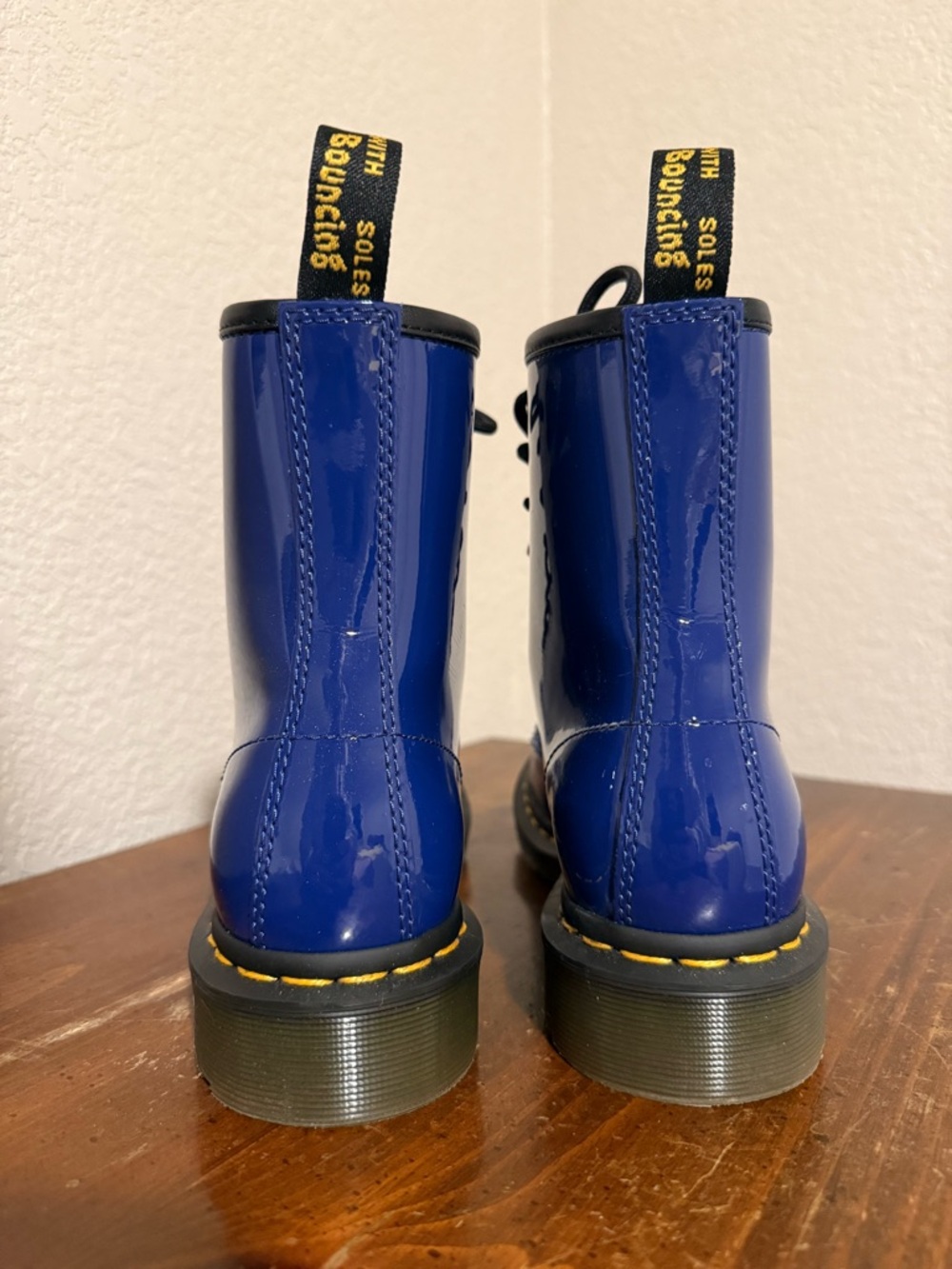 Dr. Martens Patent Leather Lace-Up Boots in Blue with Yellow Stitching - Picture 3 of 6